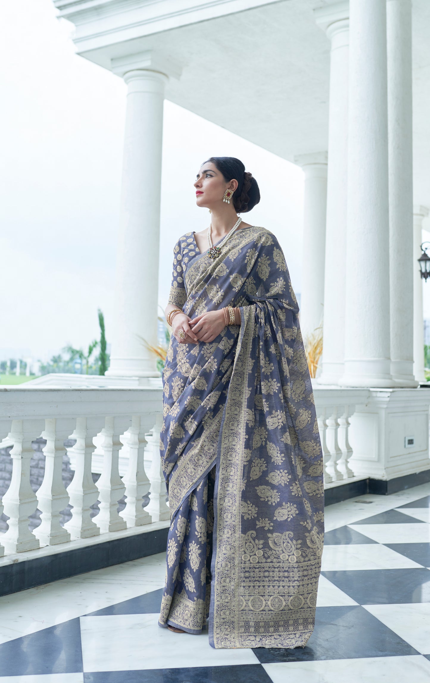 Porpoise Grey Woven Chikankari Saree with Intricate Design