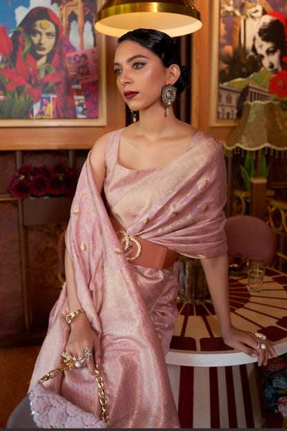 Pale Purple Woven Banarasi Jungla Jaal Soft Silk Saree