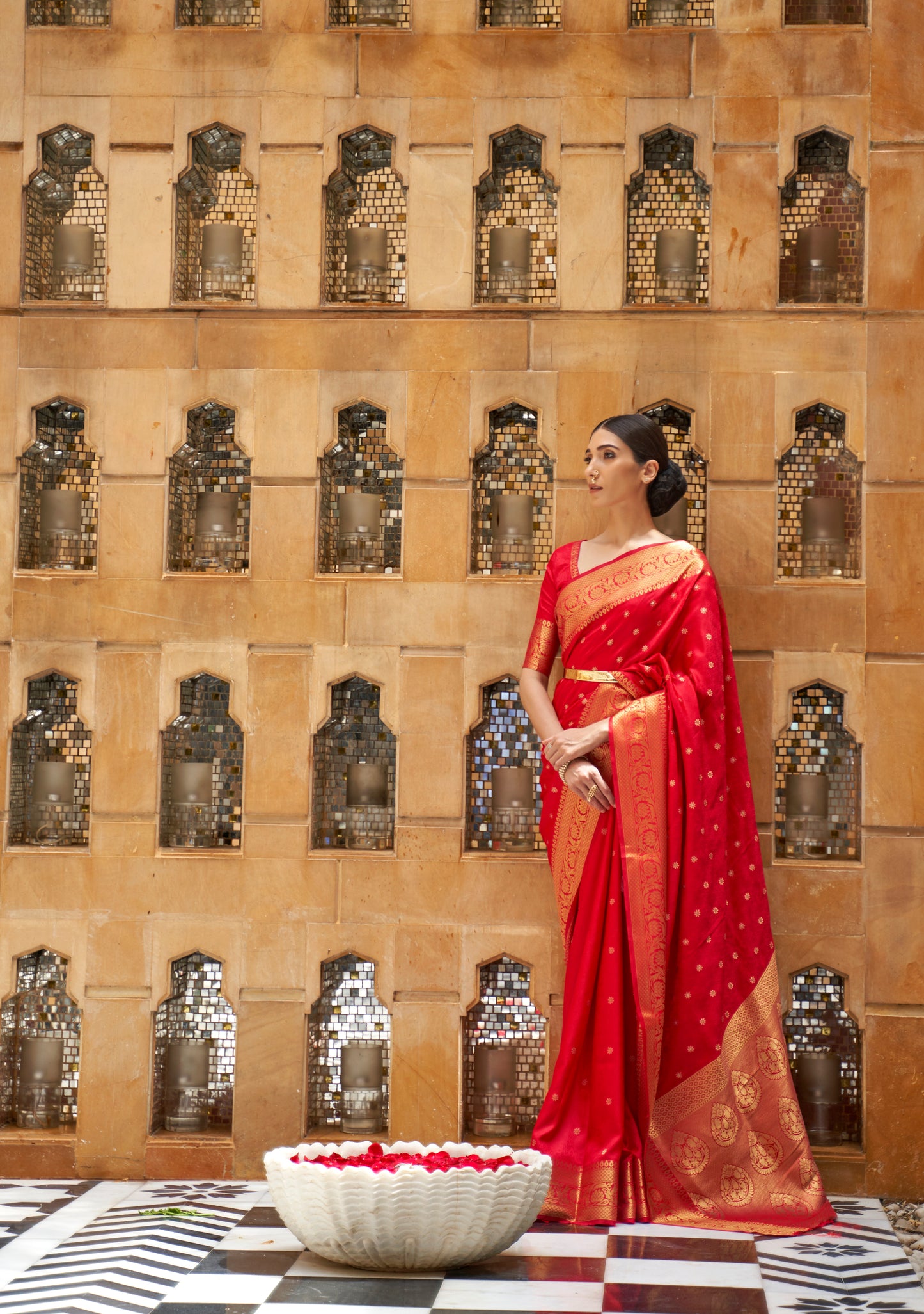 Chilli Red Soft Banarasi Silk Saree with Golden Zari Woven Border