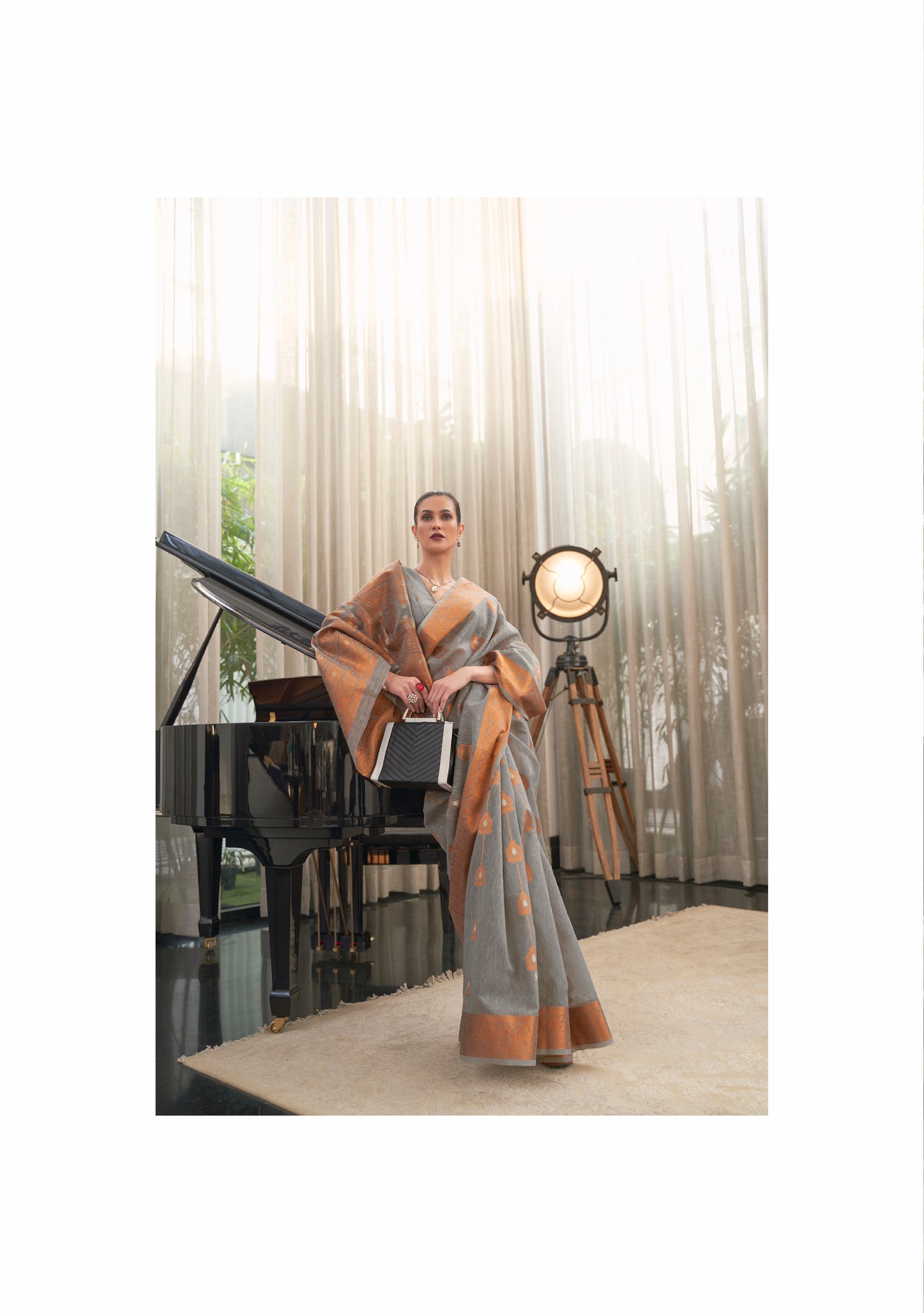 Grey Copper Zari Woven Silk Saree with Designer Pallu