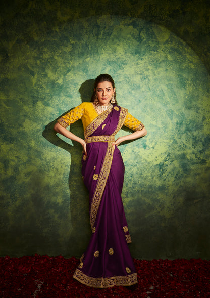 Noir Purple Soft Banarasi Designer Saree with Yellow Embroidered Butties