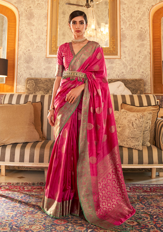 Ruby Pink and Golden Banarasi Weaving Silk Saree for Wedding Reception