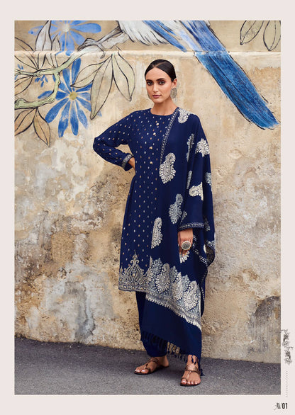 Royal Blue Pashmina Inspired Paisly Design One Color Suit Pant and Dupatta