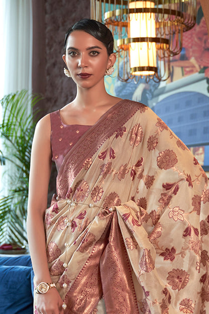 Caramel Brown Copper Zari Woven Floral Soft Organza Saree