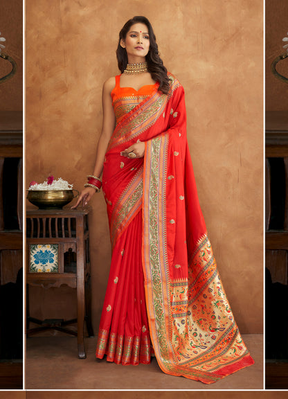 Bright Orange Woven Paithani Soft Silk Saree for Weddings