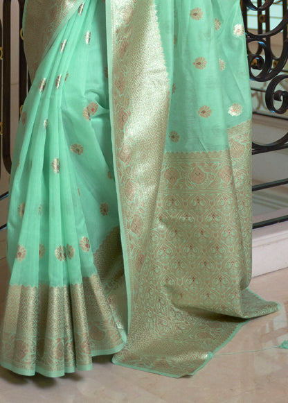 Pastel Mint Woven Banarasi Organza Saree with Zari Pallu