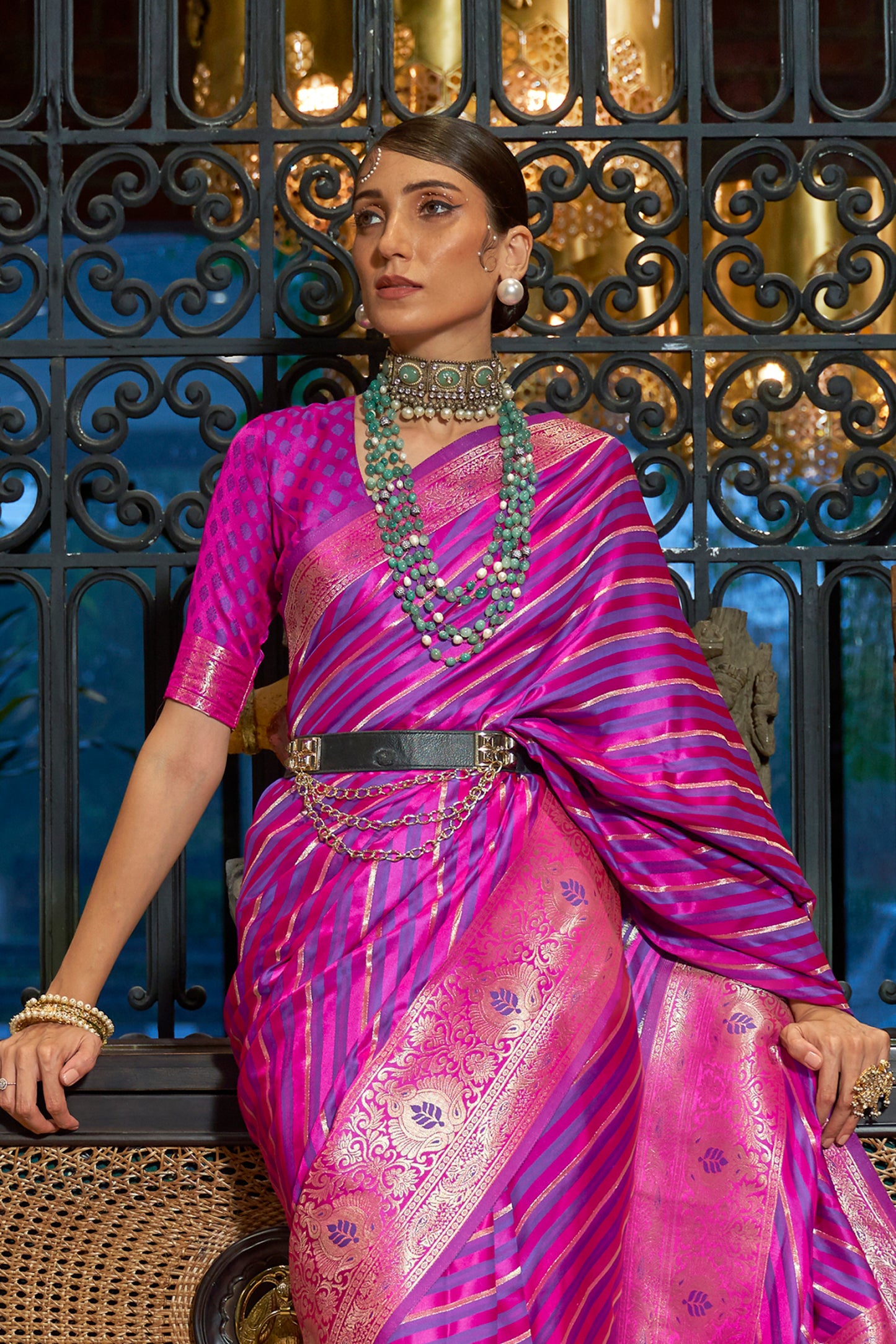 Pink and Purple Laheriya Stripes Banarasi Silk Saree with Designer Blouse for Women