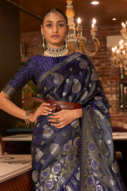 Dark Blue Kanjivaram Style Zari Woven Soft Silk Saree