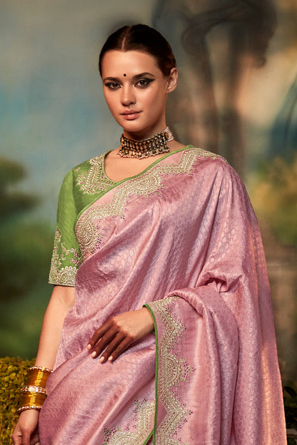 Mauve Pink Feather Light Organza Saree with Designer Blouse