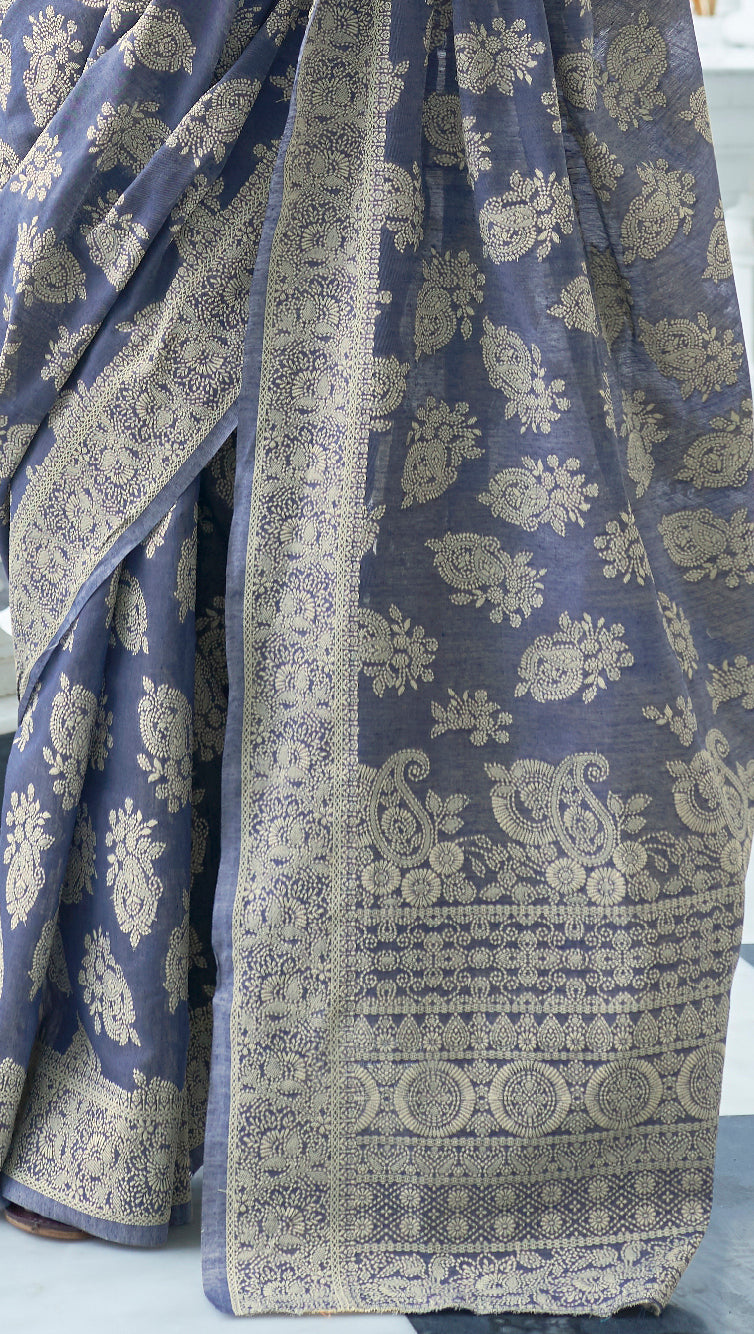 Porpoise Grey Woven Chikankari Saree with Intricate Design