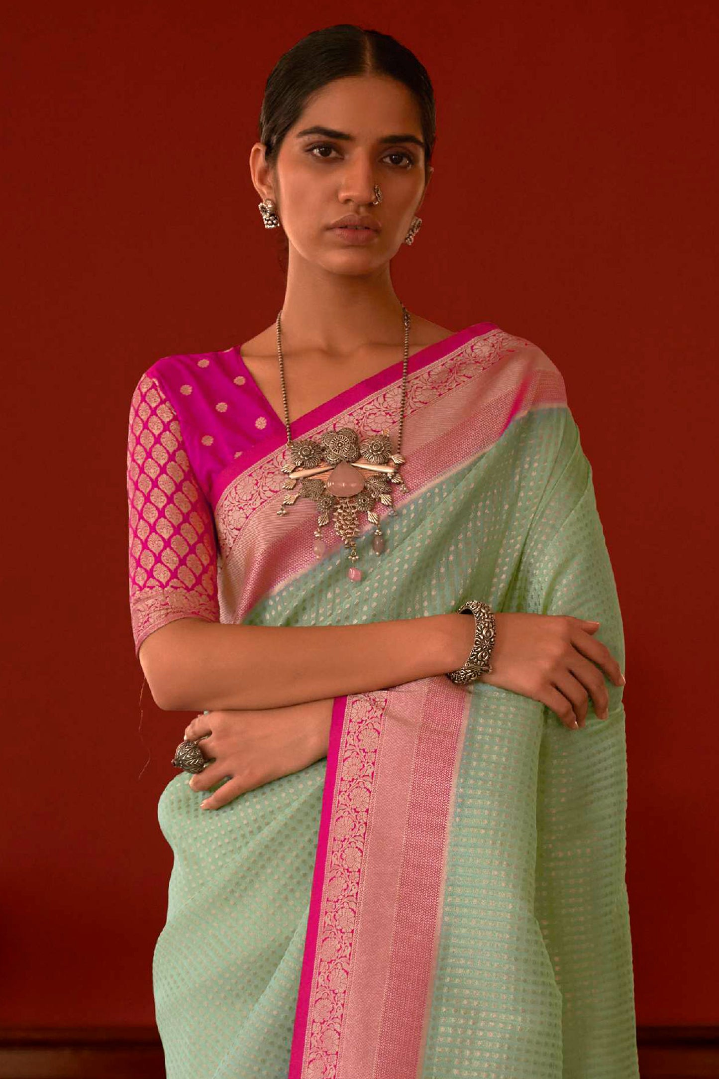 Soft Green Soft Kanjivaram Silk Saree with Light Pink Pattu Border