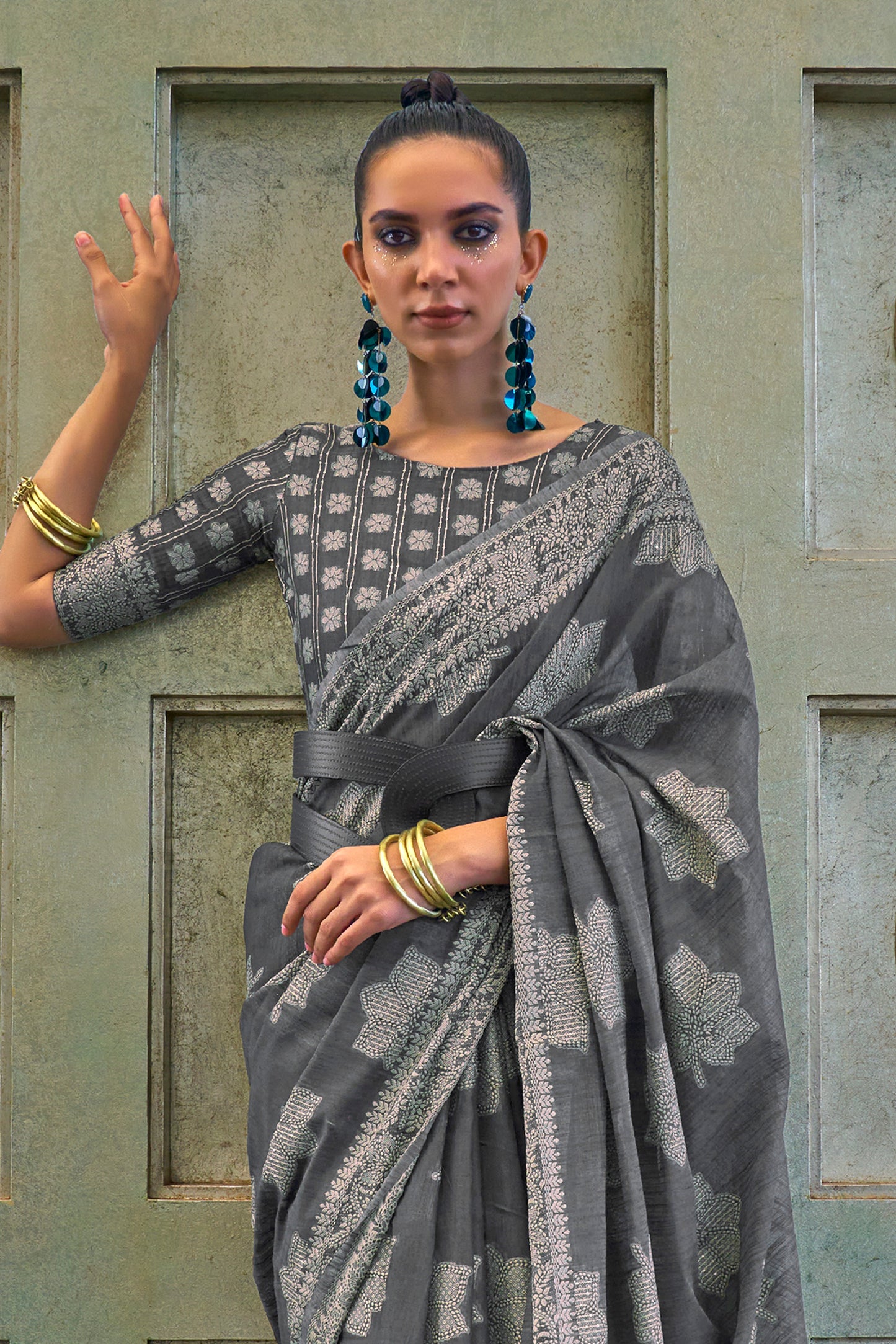 ASH Grey Lucknowi Chikenkari Threadwork Saree with Beautiful Blouse