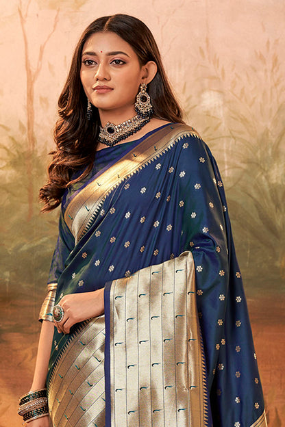 Space Blue Banarasi Paithani Saree with Parrot Pallu and Broad Zari Border