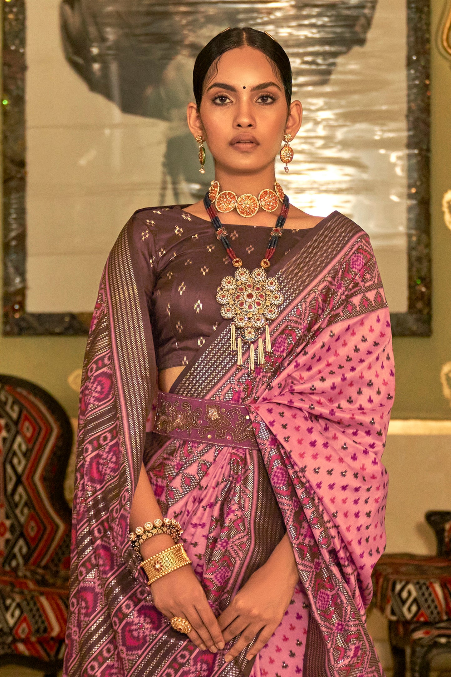 Pink with Brown Ikat Design Patola Saree with Patola Border and Blouse