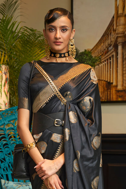 Obsidian Black Pure Satin Two Tone Weaving Silk Saree For Wedding