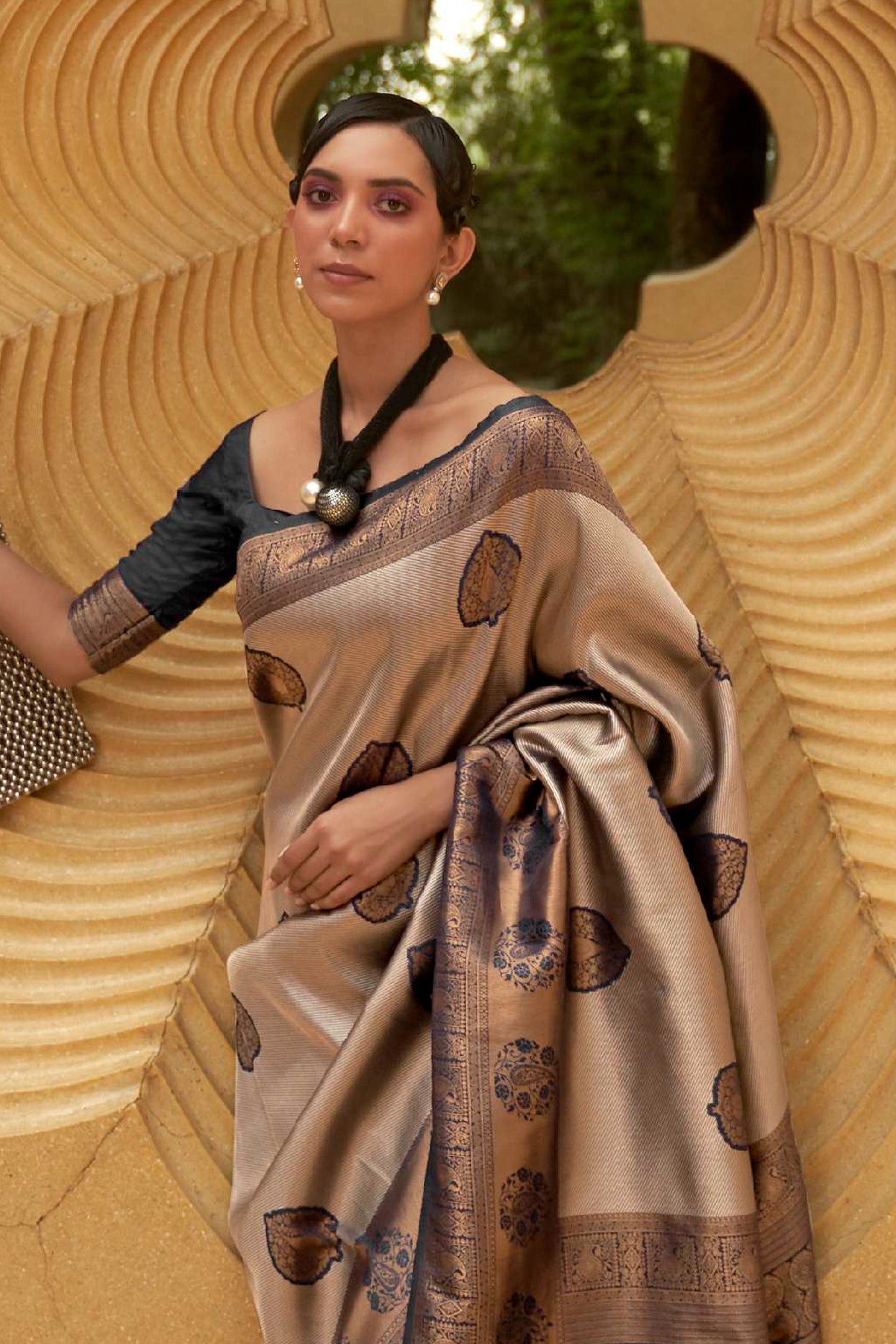 Copper Black Designer Kanjivaram Silk Saree with Antique Finish