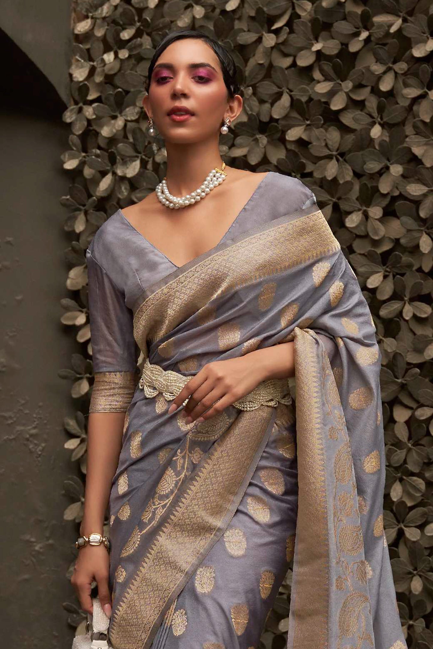 Shadow Grey Banarasi Zari Woven Saree with Grand Pallu