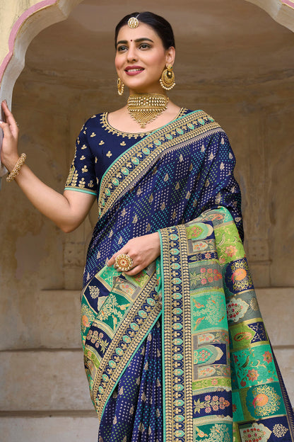 Dark Blue  Dola Silk Big Bordered Designer Saree with Embroidered Blouse