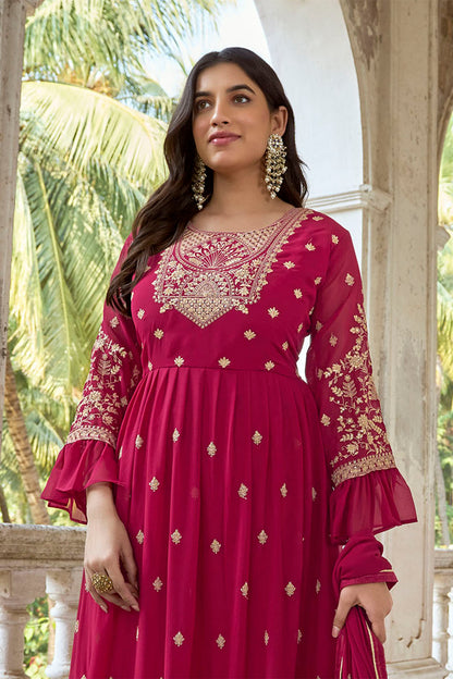 Rooh Red Embroidered Partywear Gown Suit with Dupatta
