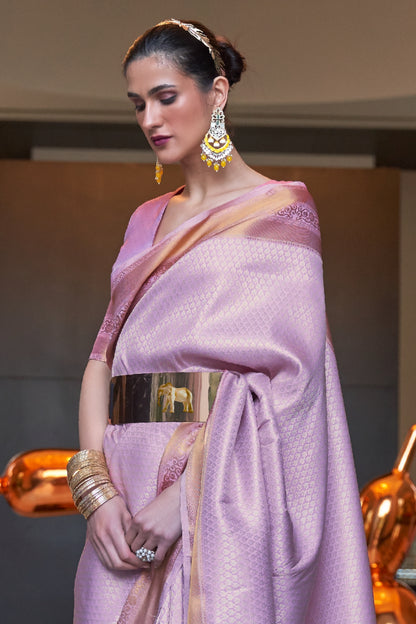 Mauve Pink Kanjivaram Silk Saree with Antique Finish & Glossy Texture