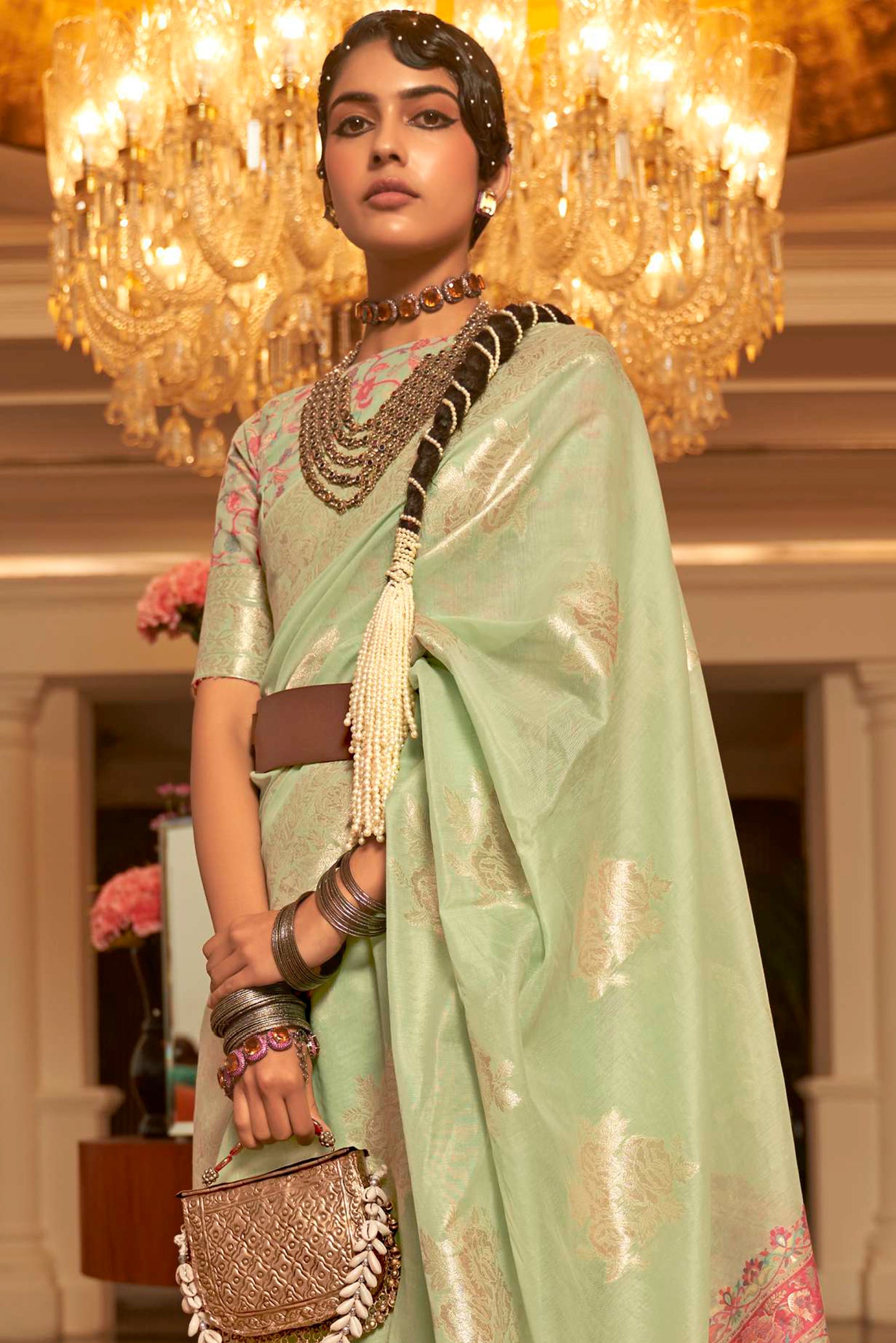 Washed Green Chanderi Inspired Woven Saree with Kashmiri Pallu and Blouse