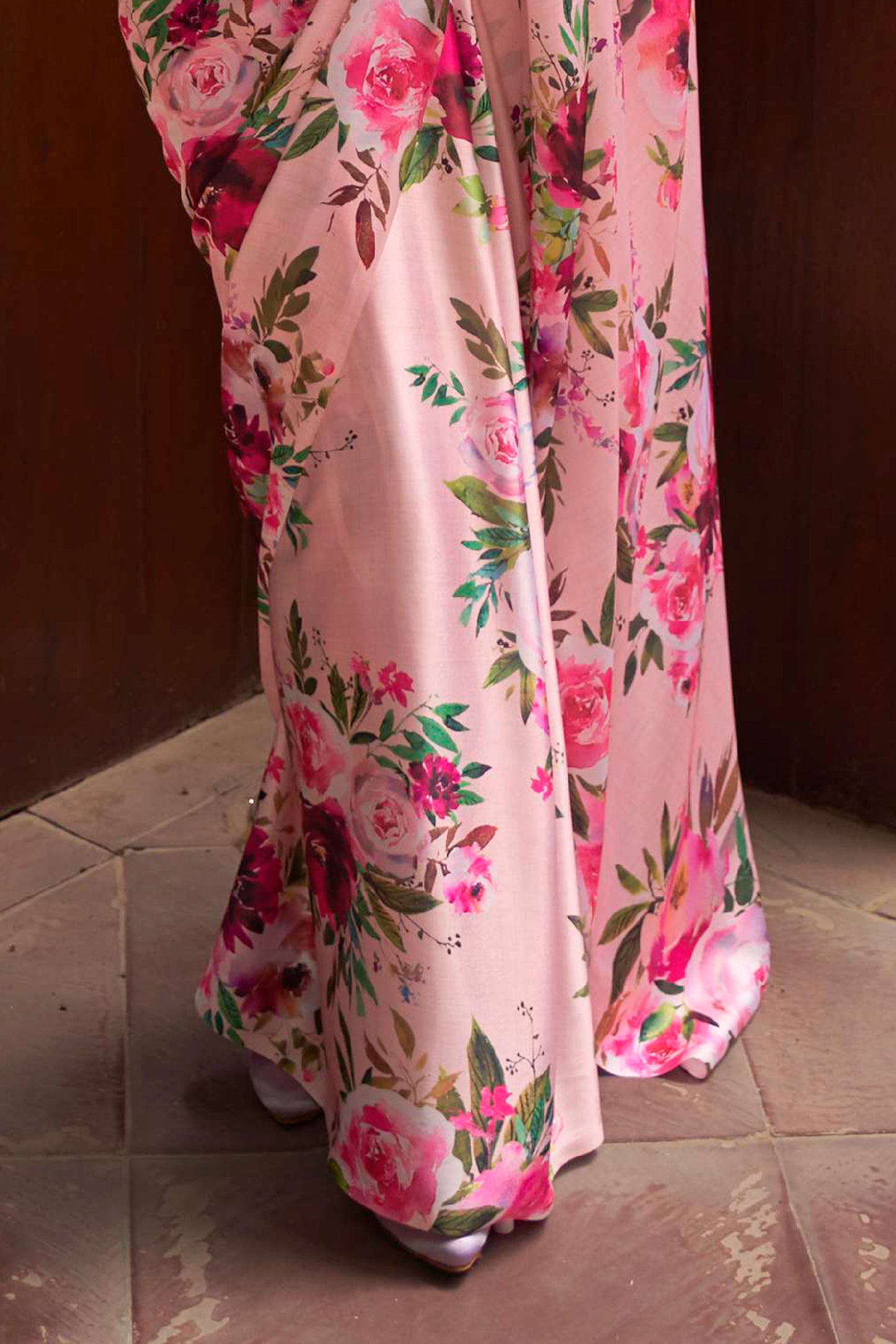 Peach Pink Floral 3D Printed Pure Satin Silk Saree for Weddings