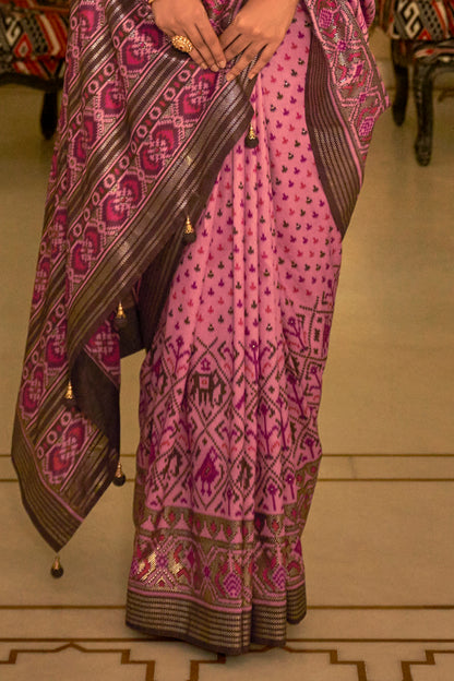 Pink with Brown Ikat Design Patola Saree with Patola Border and Blouse