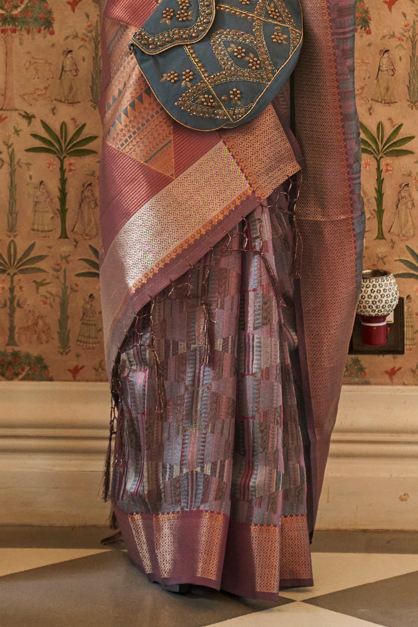 Graphite Grey Tussar Woven Designer Silk Saree for Weddings