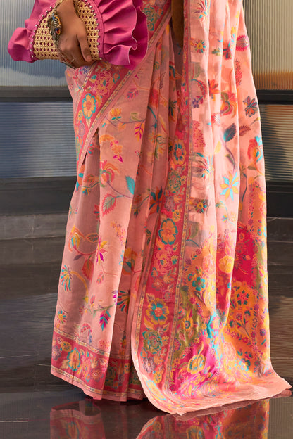 Salmon Pink Floral Kashmiri Woven Soft Modal Silk Saree