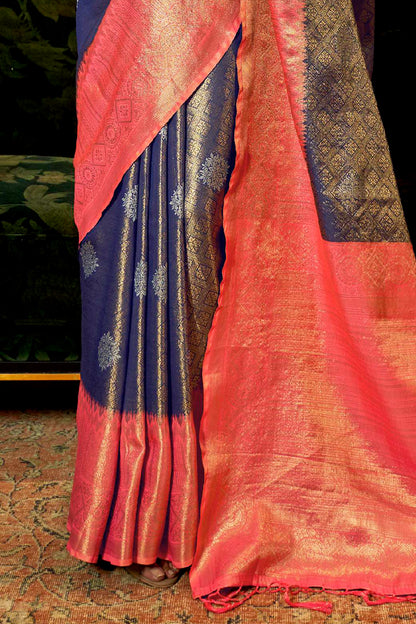 Cloud Blue Shimmer Silk Kanjivaram Style Saree with Pink Border