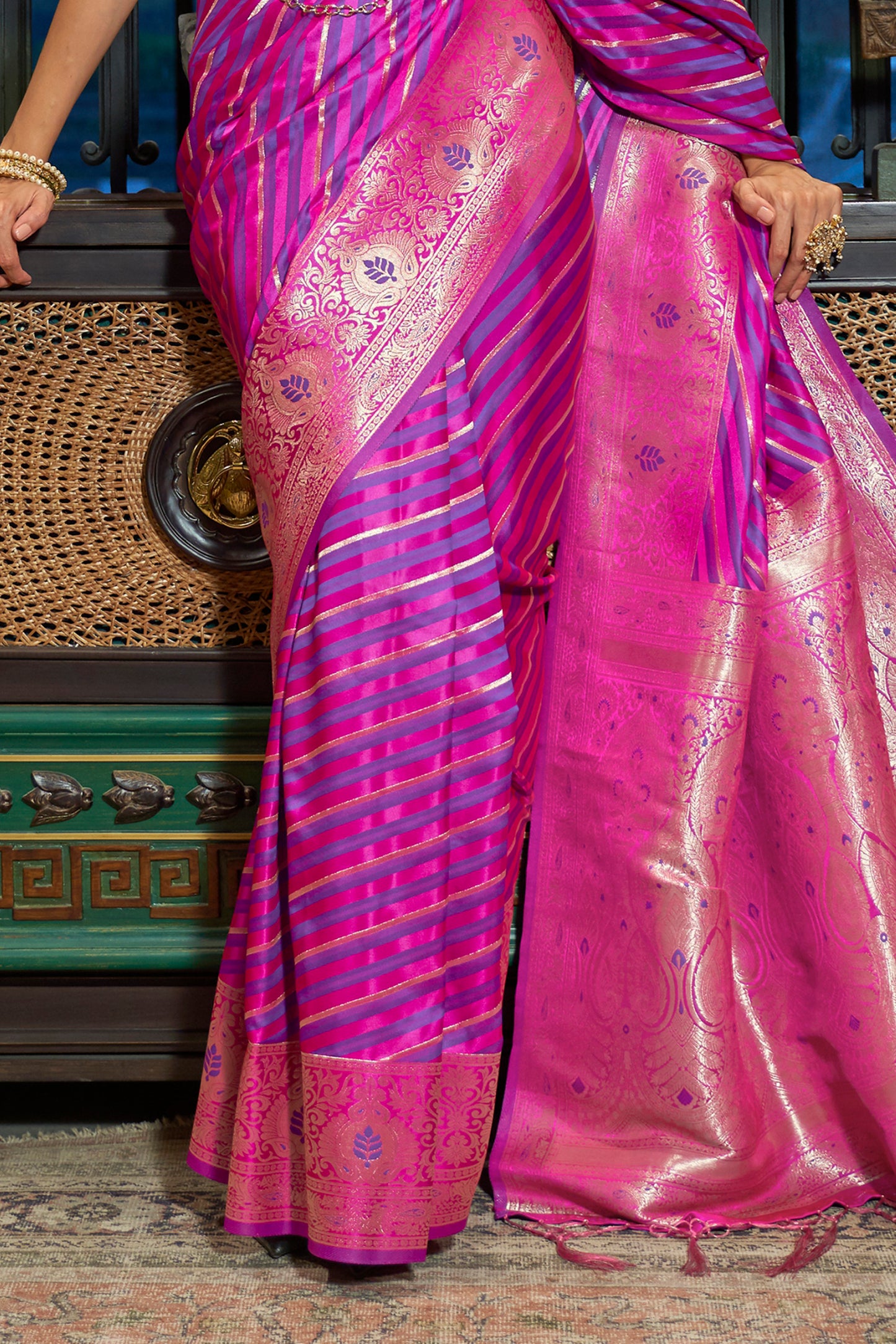 Pink and Purple Laheriya Stripes Banarasi Silk Saree with Designer Blouse for Women