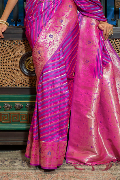 Pink and Purple Laheriya Stripes Banarasi Silk Saree with Designer Blouse for Women