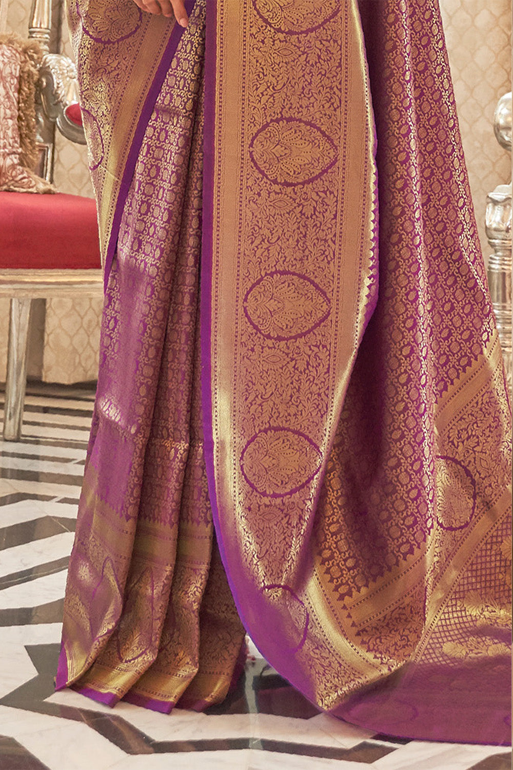 Wine Purple Woven Brocade Kanjivaram Saree with Peacock Border