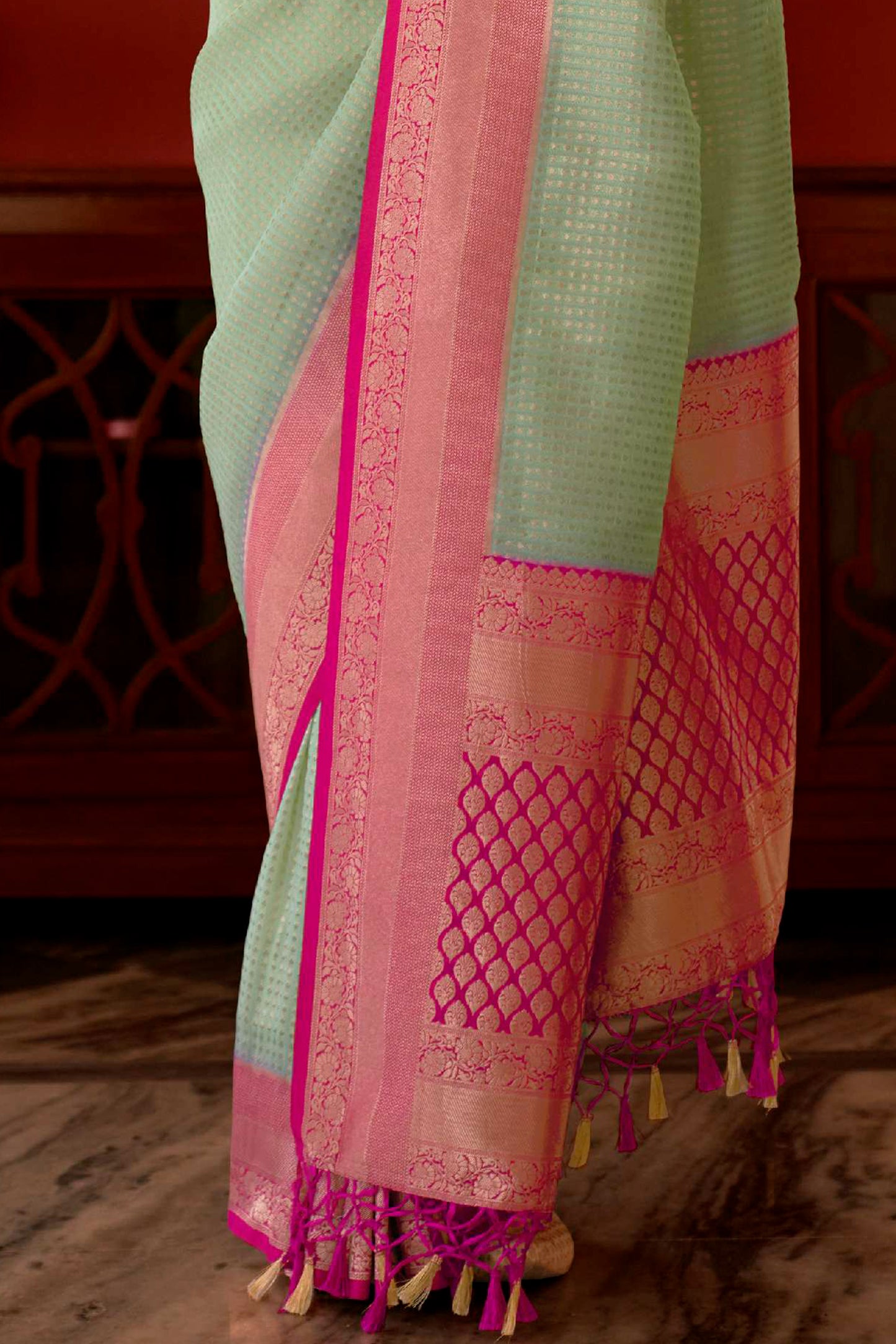 Soft Green Soft Kanjivaram Silk Saree with Light Pink Pattu Border