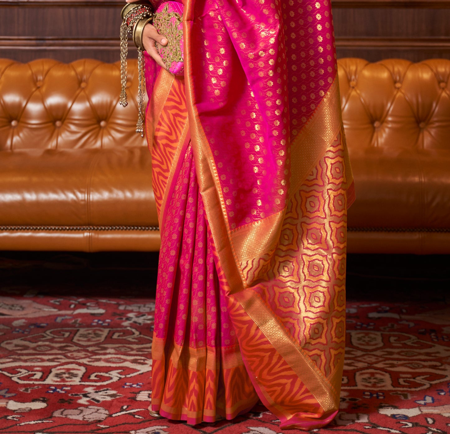 Hot Pink & Orange Banarasi Silk Saree with Designer Blouse for Women