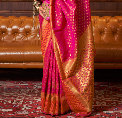 Hot Pink & Orange Banarasi Silk Saree with Designer Blouse for Women