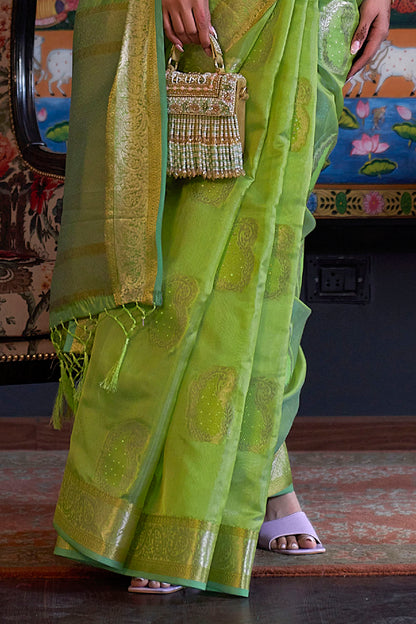 Lime Green  Soft Organza Silk Zari Woven Soft Silk Saree