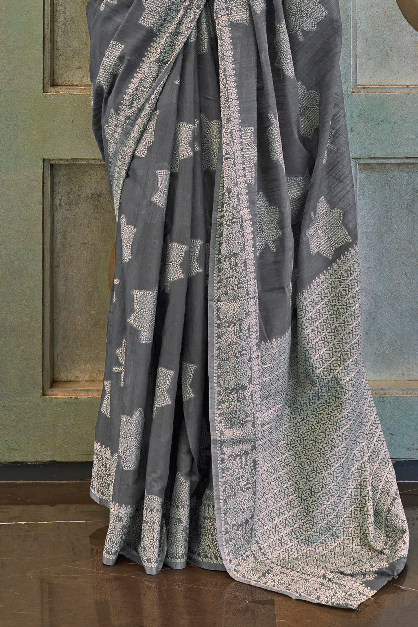 ASH Grey Lucknowi Chikenkari Threadwork Saree with Beautiful Blouse