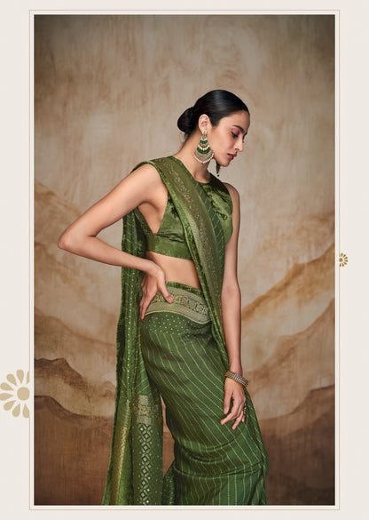 Green Bandhani Saree with Hand Embroidered Border and Velvet Blouse