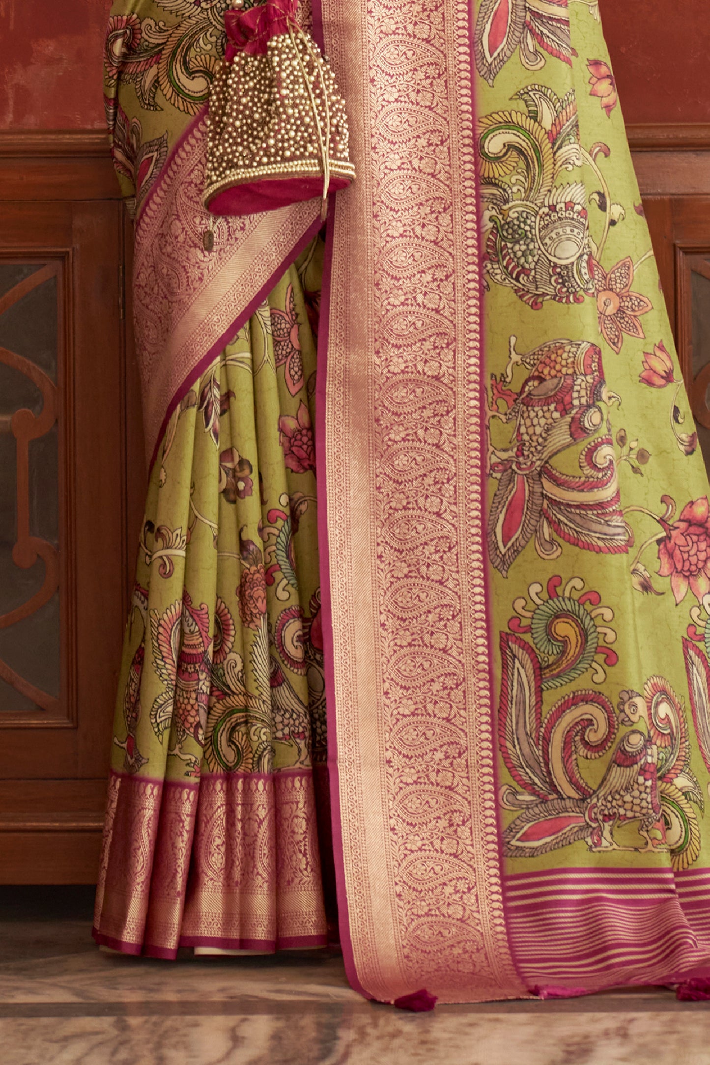 Lime Green Pen Kalamkari Printed Silk Saree with Woven Kanchi Pallu