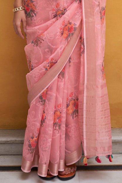 Light Pink Floral Organza Water Sequin Embellished Saree