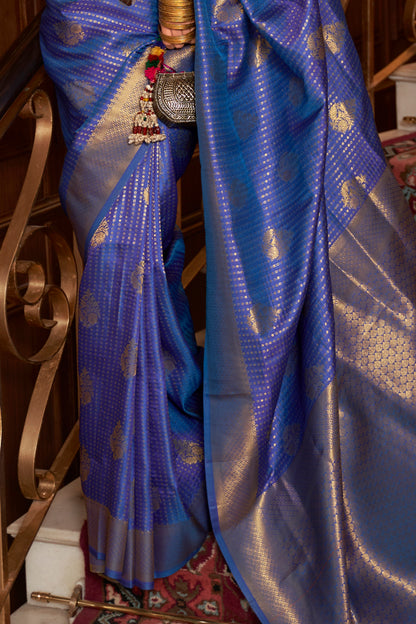 Royal Blue Designer Kanjivaram Saree With Copper Zari Pallu