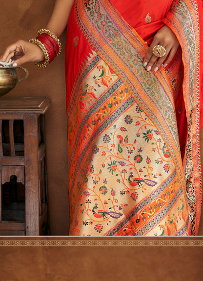 Bright Orange Woven Paithani Soft Silk Saree for Weddings