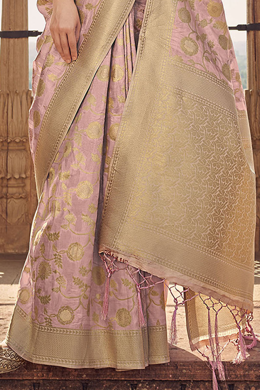 Rose Gold Woven Banarasi Skirt Border Saree with Zari Weaving