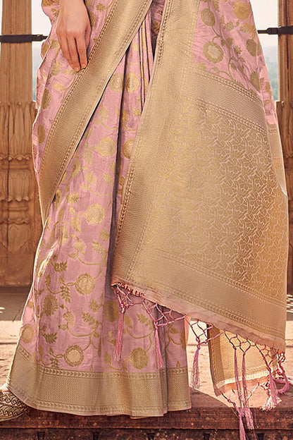 Rose Gold Woven Banarasi Skirt Border Saree with Zari Weaving