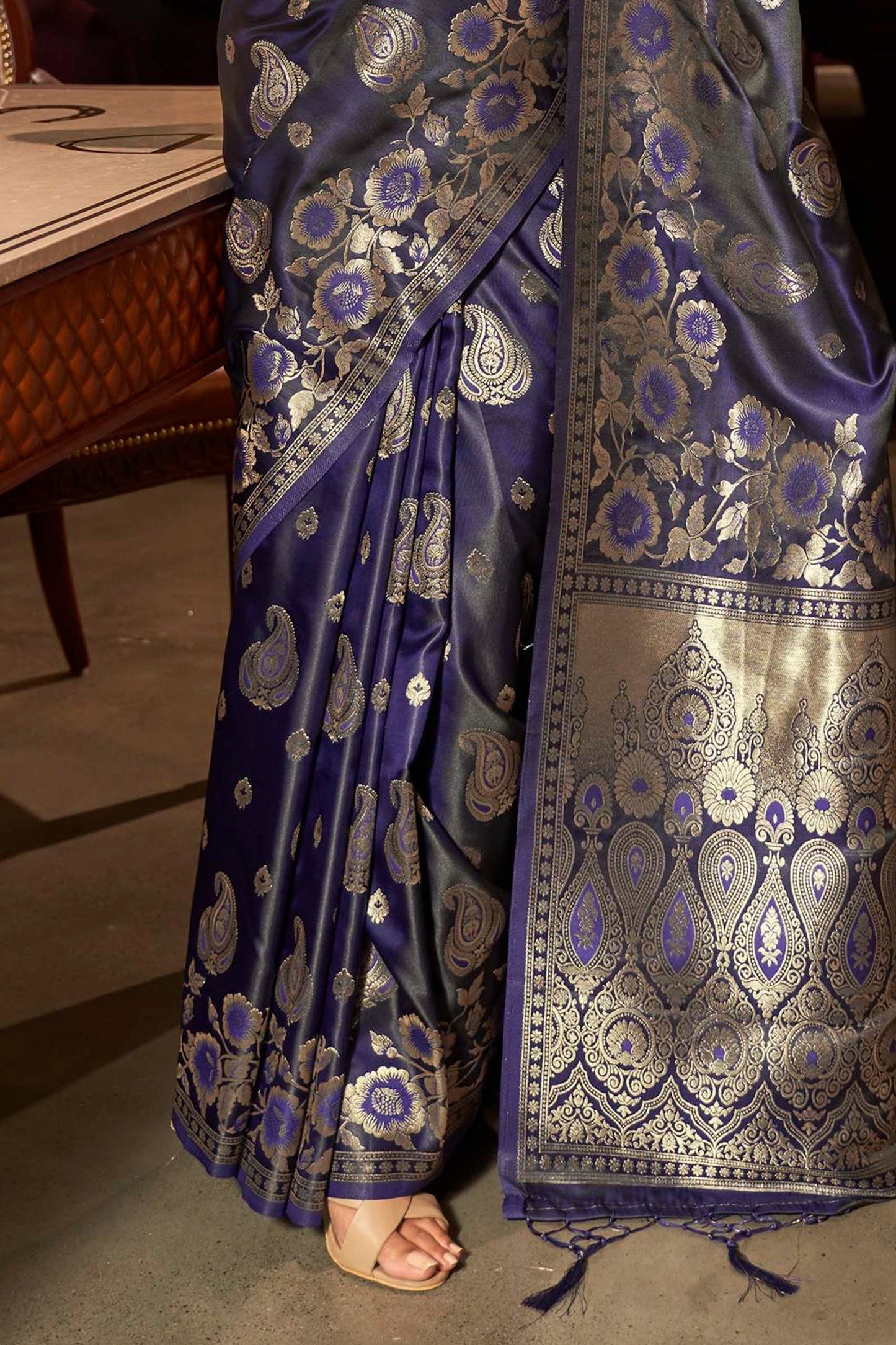 Dark Blue Kanjivaram Style Zari Woven Soft Silk Saree