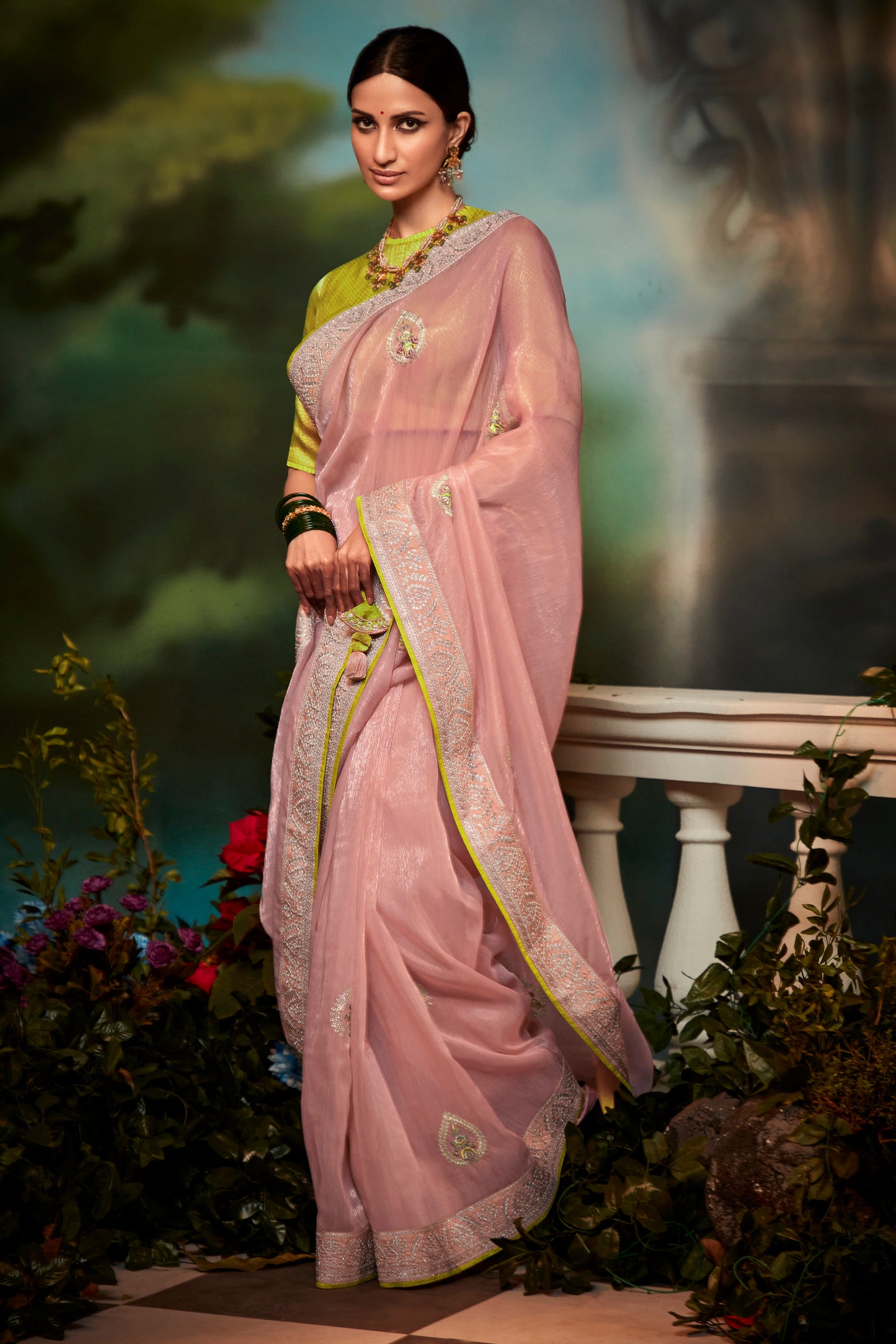 Mauve Pink Feather Light Organza Saree with Designer Blouse