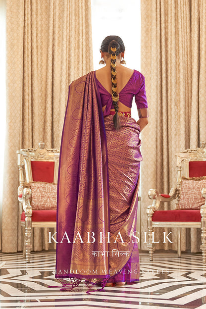 Wine Purple Woven Brocade Kanjivaram Saree with Peacock Border