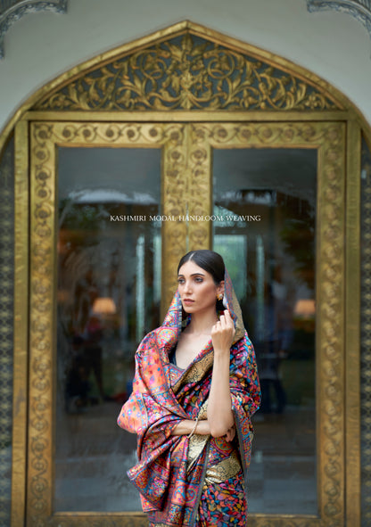 Noir Black Kashmiri Handloom Modal Silk Woven Kani Saree for Weddings