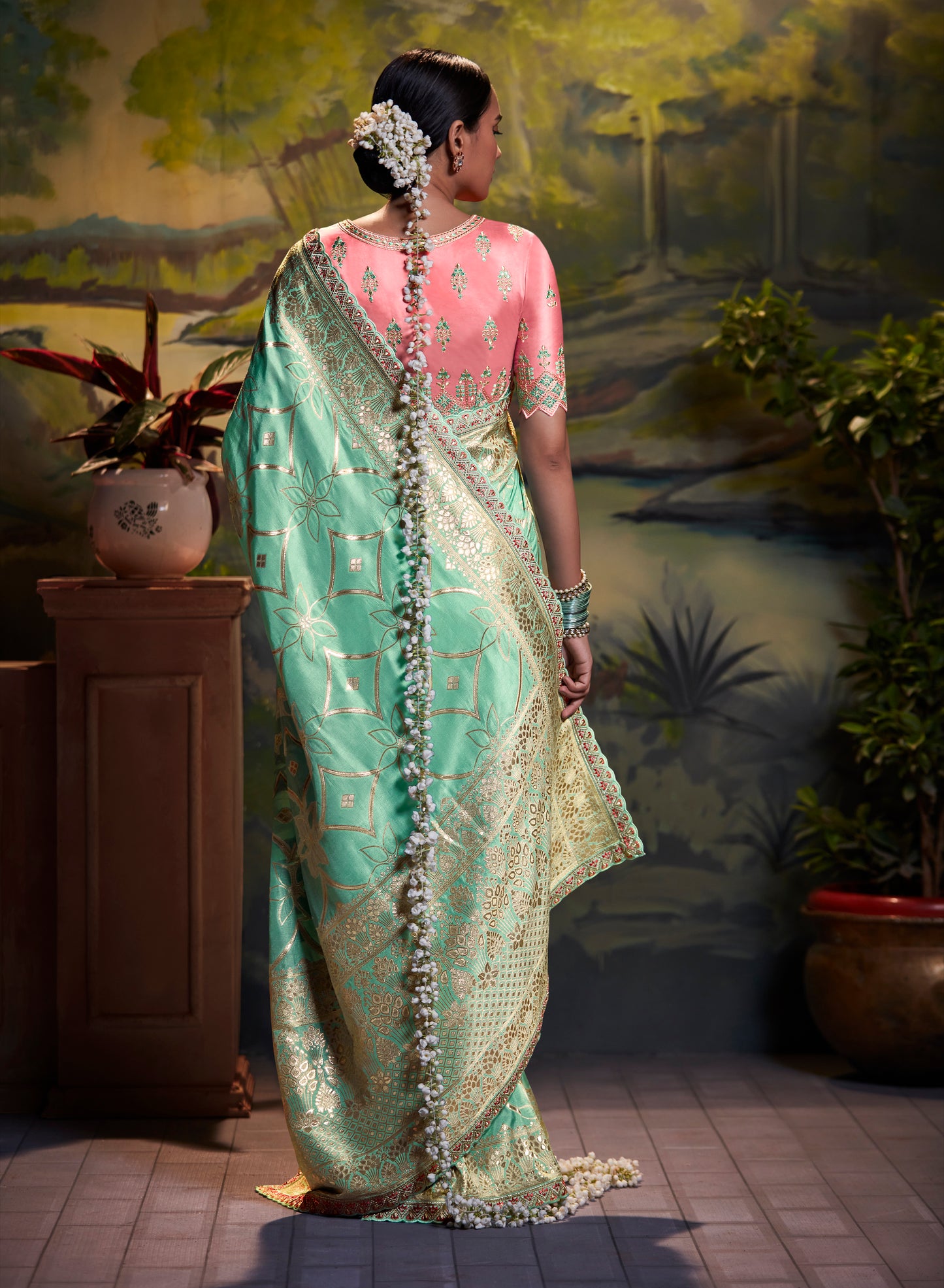 Sage Green Woven Banarasi Silk Saree with Pastel Pink Blouse